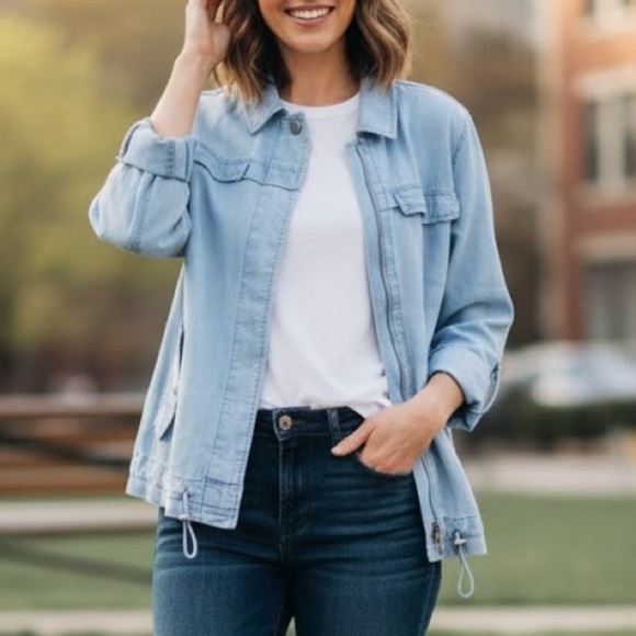 Jackets & Blazers - Light Blue Denim Lyocell Tencel Utility Lightweight Shacket Safari Jacket Top